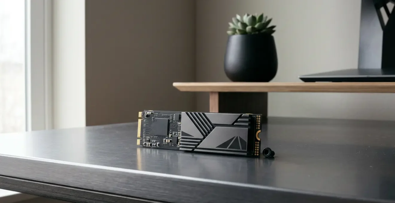 Professional editorial photograph showcasing NVMe SSD technology and high-performance storage components
