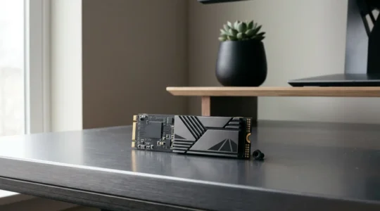 Professional editorial photograph showcasing NVMe SSD technology and high-performance storage components