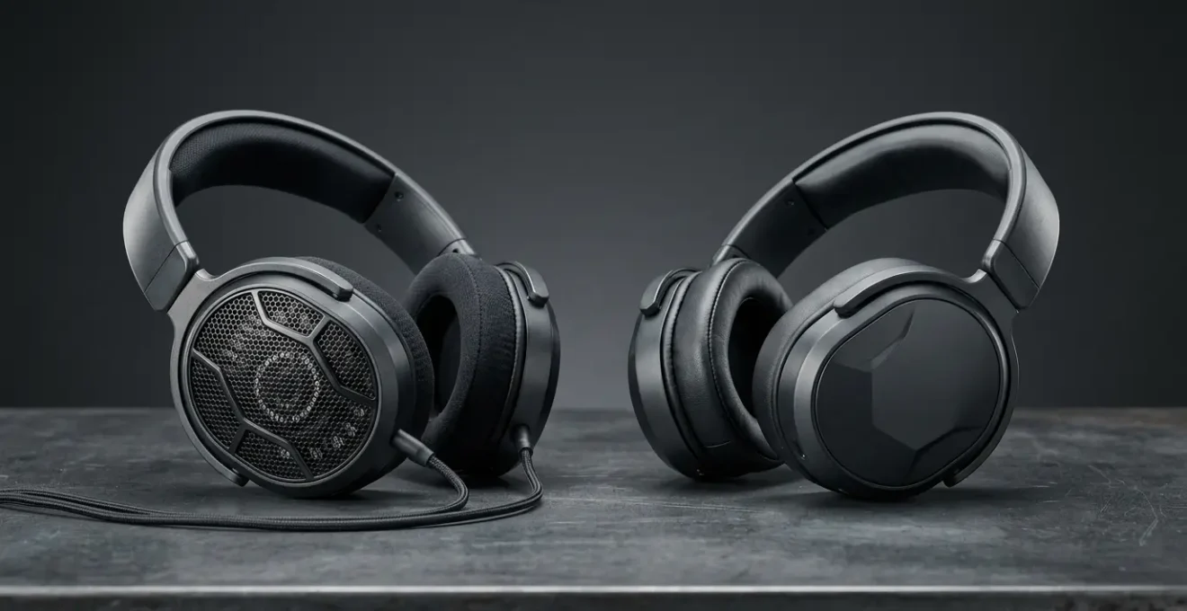 Professional gaming headset comparison showing open-back and closed-back earcup designs with visible acoustic engineering details