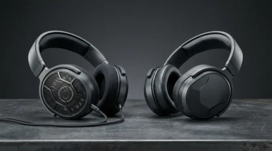 Professional gaming headset comparison showing open-back and closed-back earcup designs with visible acoustic engineering details