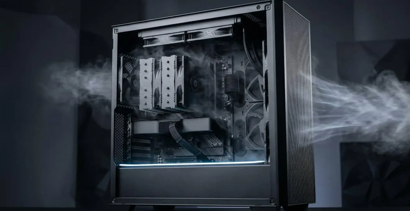 Airflow pattern diagram showing intake and exhaust fan arrangement for tower cooler versus top-mounted AIO radiator