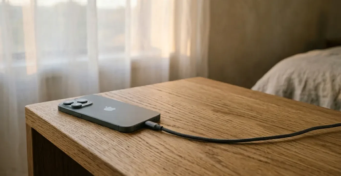 Smartphone charging on bedside table with gentle ambient lighting illustrating overnight charging habits