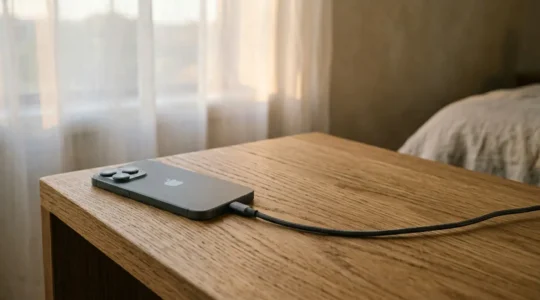 Smartphone charging on bedside table with gentle ambient lighting illustrating overnight charging habits