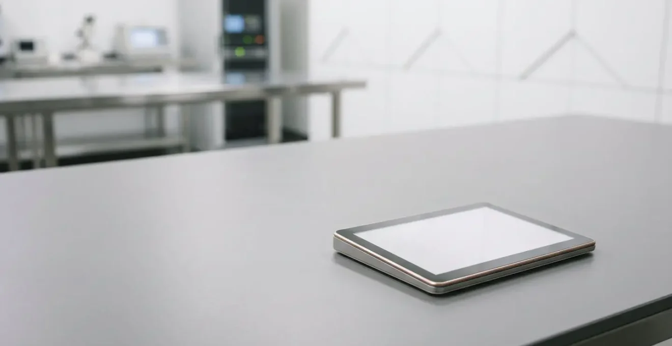 Minimalist wide shot of advanced haptic touchscreen interface in controlled lighting environment