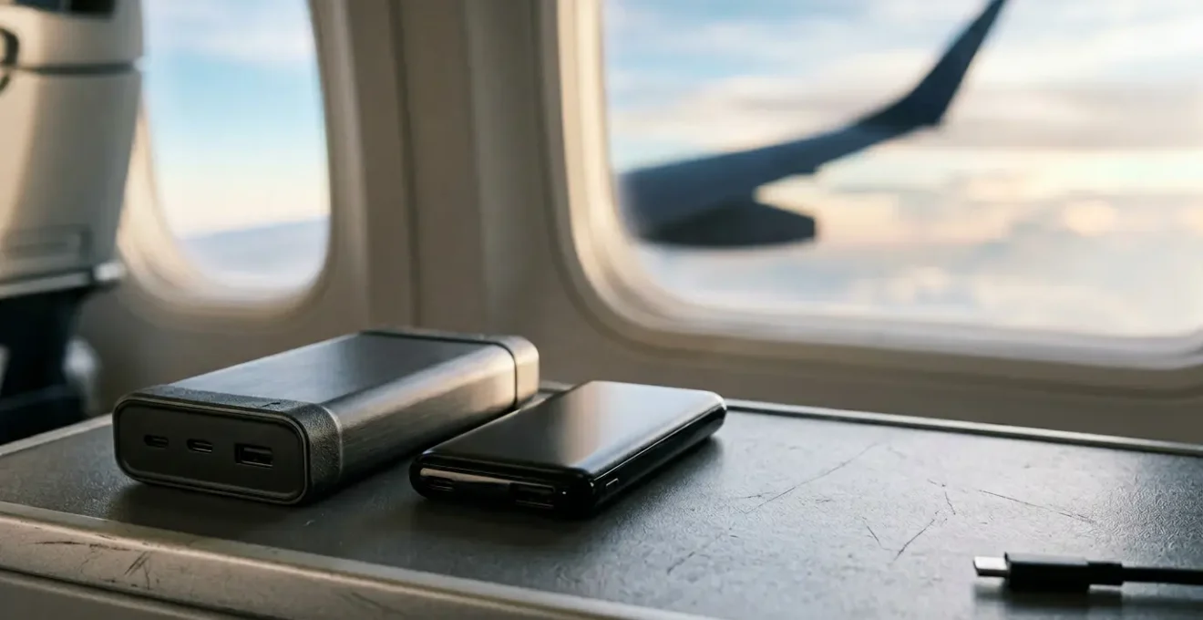 Comparison of power bank sizes for air travel showing compact portable charging devices
