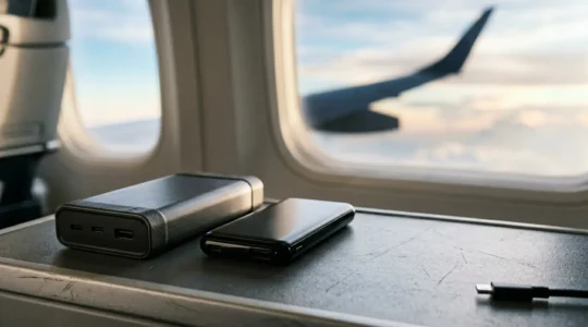Comparison of power bank sizes for air travel showing compact portable charging devices