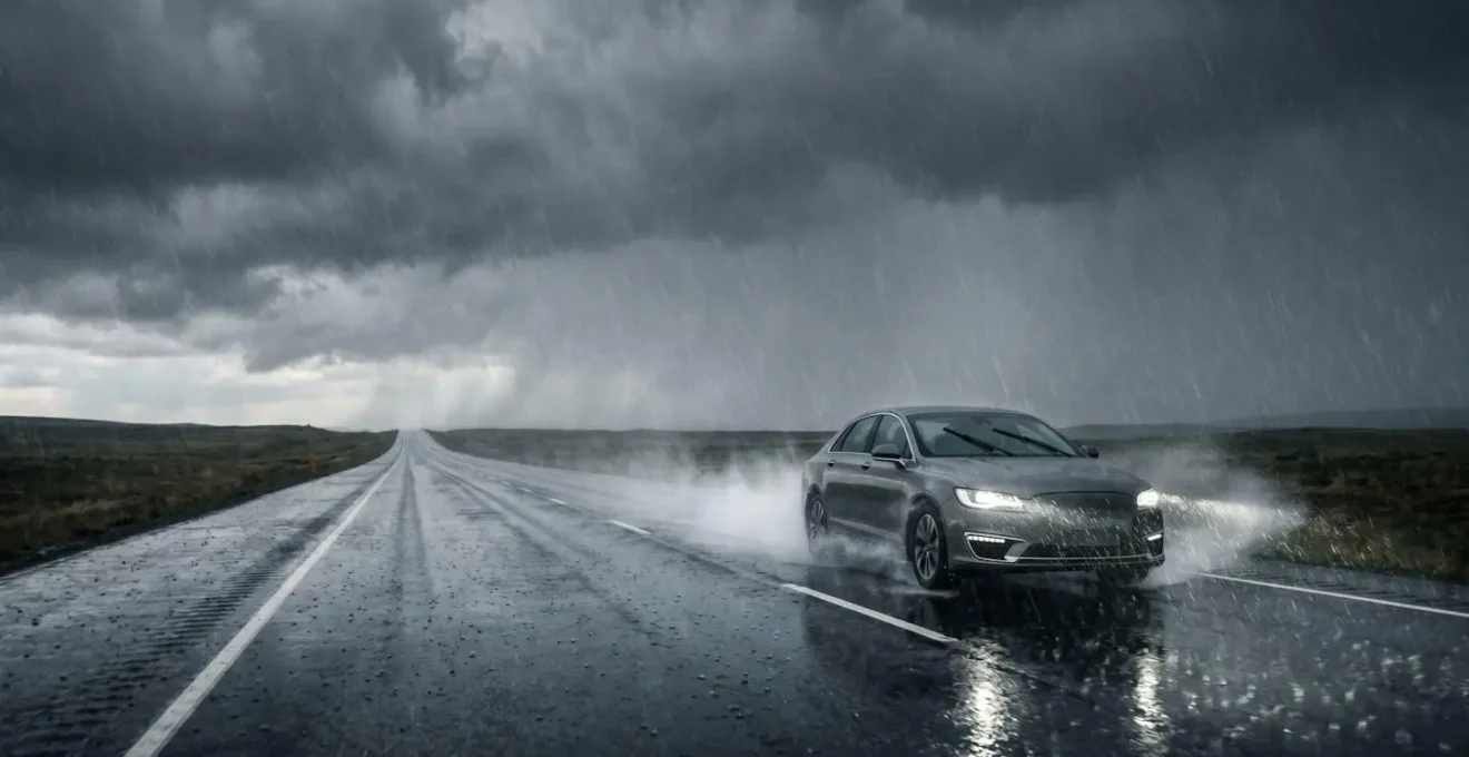 Environmental wide-angle shot of autonomous vehicle on wet highway with rain spray creating atmospheric scattering effects