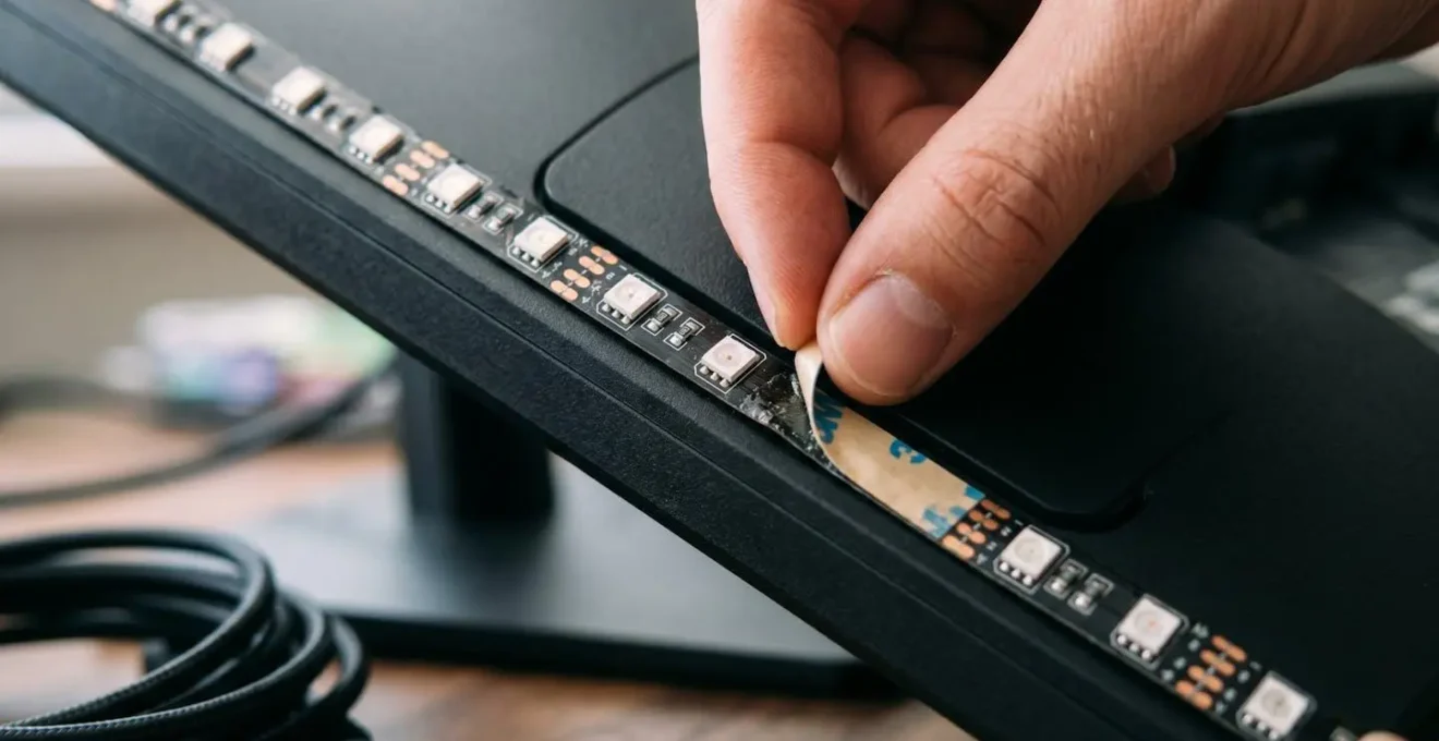 Close-up view of RGB LED strip installation process on monitor back panel showing zone-based placement strategy
