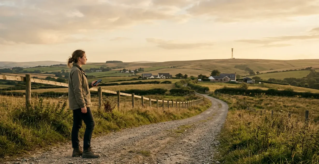 Person standing in open countryside landscape holding smartphone with visible cell tower in distant background under natural daylight