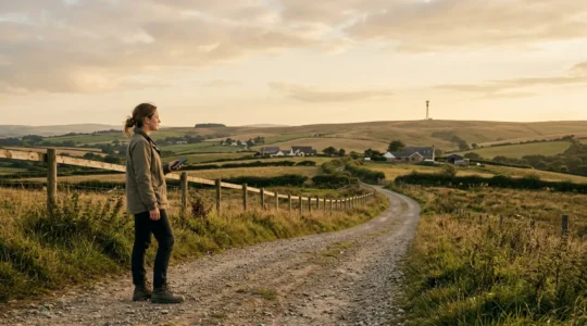 Person standing in open countryside landscape holding smartphone with visible cell tower in distant background under natural daylight