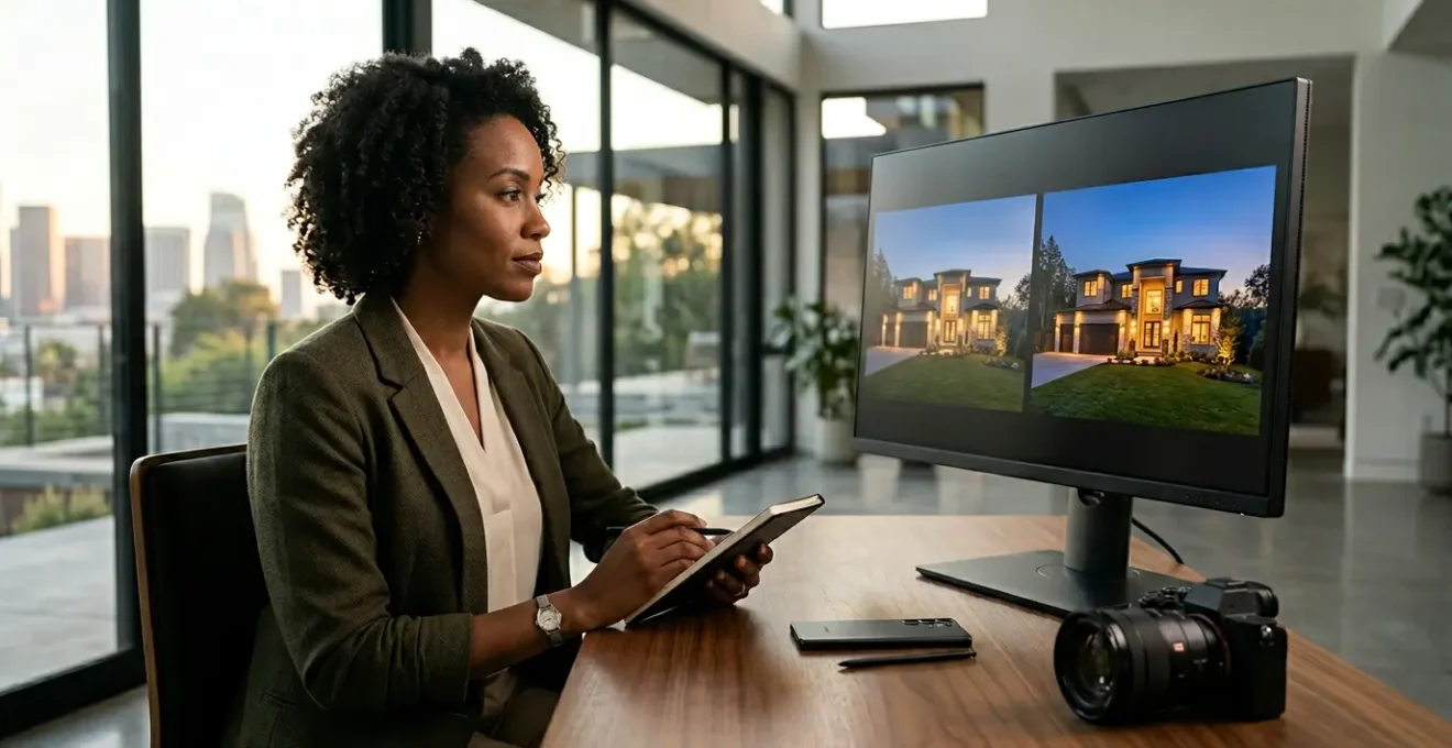 Professional real estate photographer comparing smartphone and DSLR camera results on a large monitor in a modern property interior