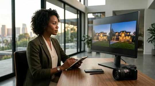 Professional real estate photographer comparing smartphone and DSLR camera results on a large monitor in a modern property interior