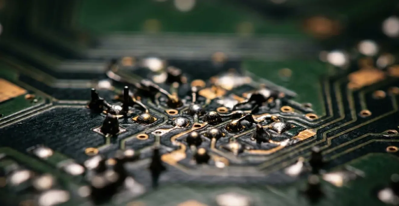 Macro detail of SSD NAND flash memory chip surface showing wear patterns