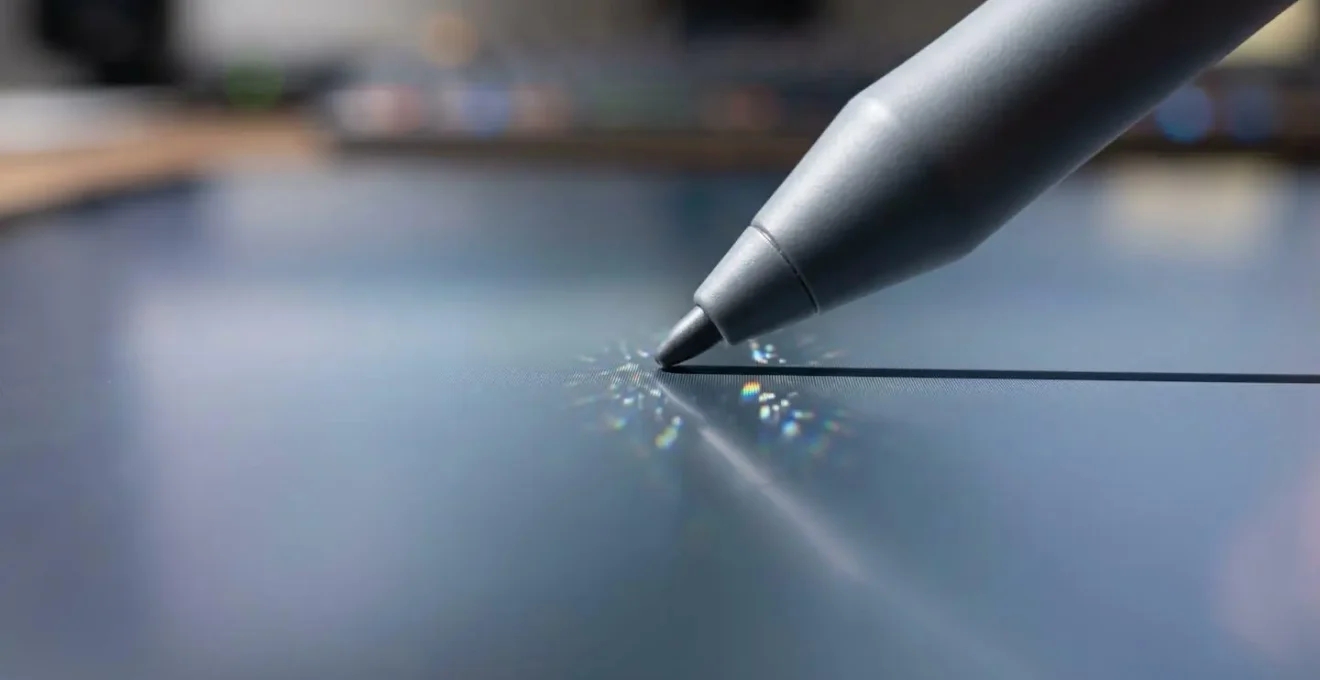 Extreme close-up macro shot showing stylus tip hovering above tablet screen glass layers