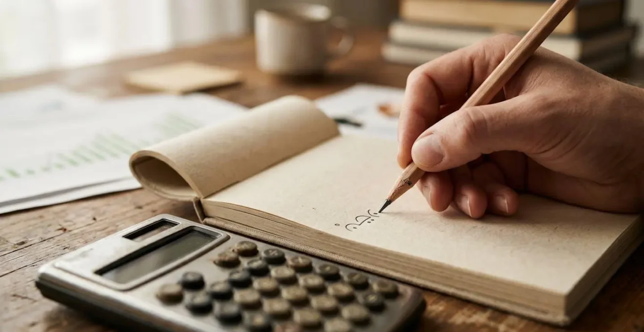 Close-up of hands organizing subscription expense tracking materials with calculator and documentation on desk