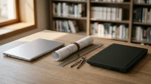 Engineering student workspace showing portable ultrabook and powerful gaming laptop side by side with technical blueprints