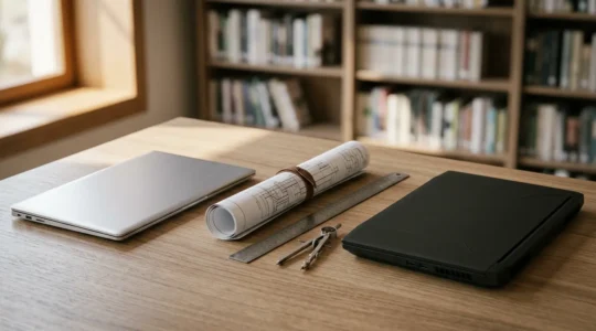 Engineering student workspace showing portable ultrabook and powerful gaming laptop side by side with technical blueprints