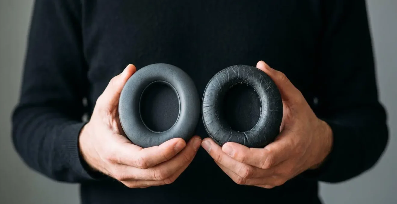 Detailed comparison of new versus degraded headphone earpad materials showing wear patterns and surface texture differences