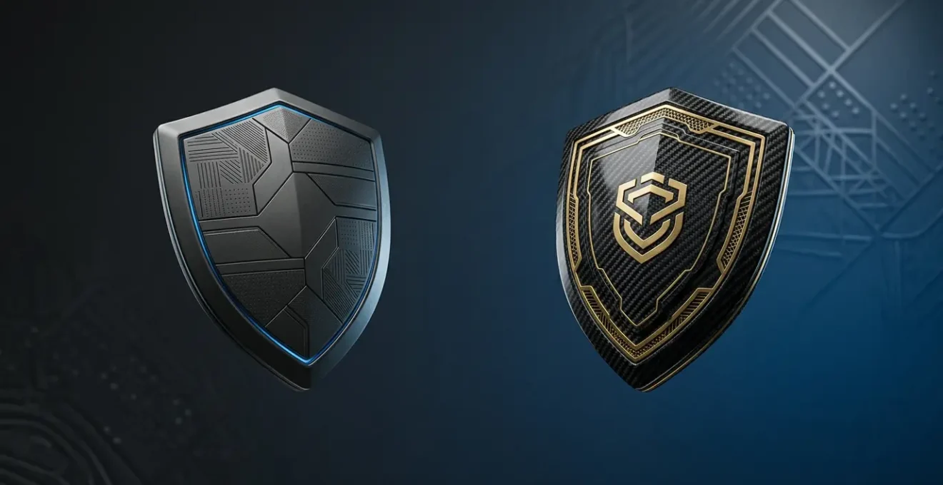 Conceptual security comparison showing dual protective layers representing built-in versus premium antivirus defense systems