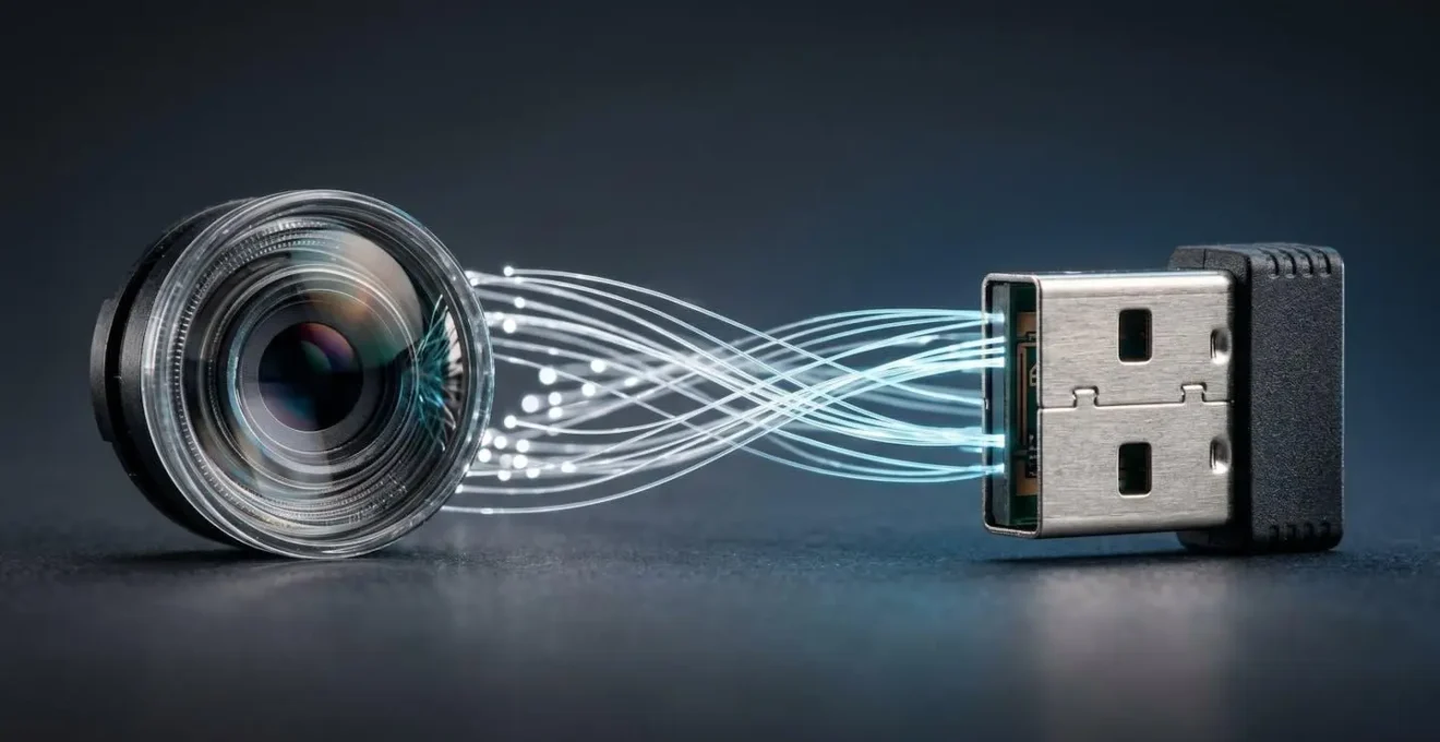 Macro detail of wireless mouse sensor and USB dongle with electromagnetic wave visualization in clean studio environment