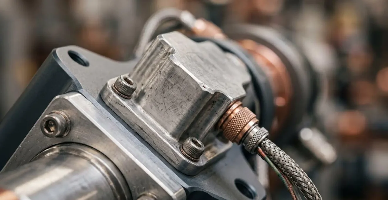 Extreme close-up of robotic joint actuator showing mechanical wear patterns and sensor housing details