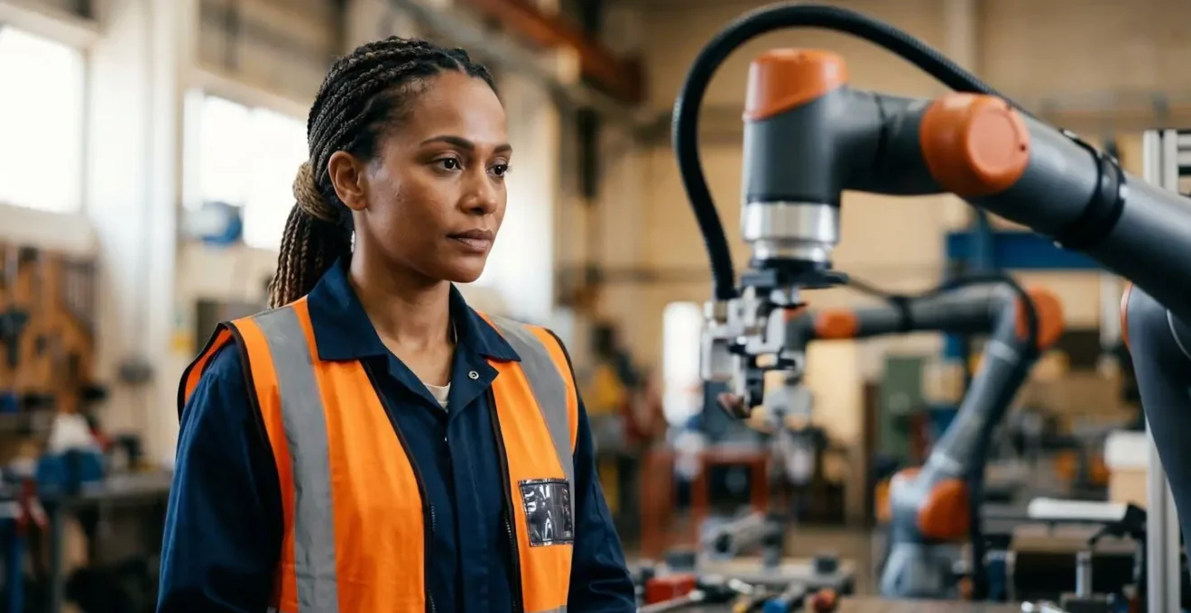 Factory worker observing collaborative robot with expression of focused attention and professional trust