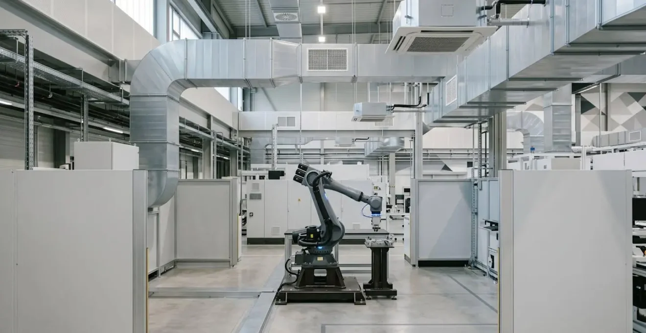 Wide environmental shot of industrial robot workspace with visible cooling infrastructure and temperature-controlled environment